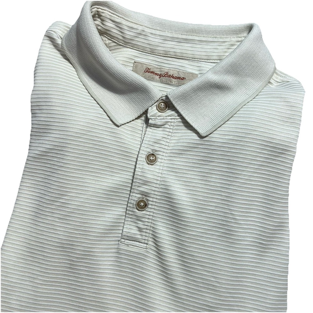 Tommy Bahama Men's XL/TG Celery Green And White Striped Polo Shirt‎